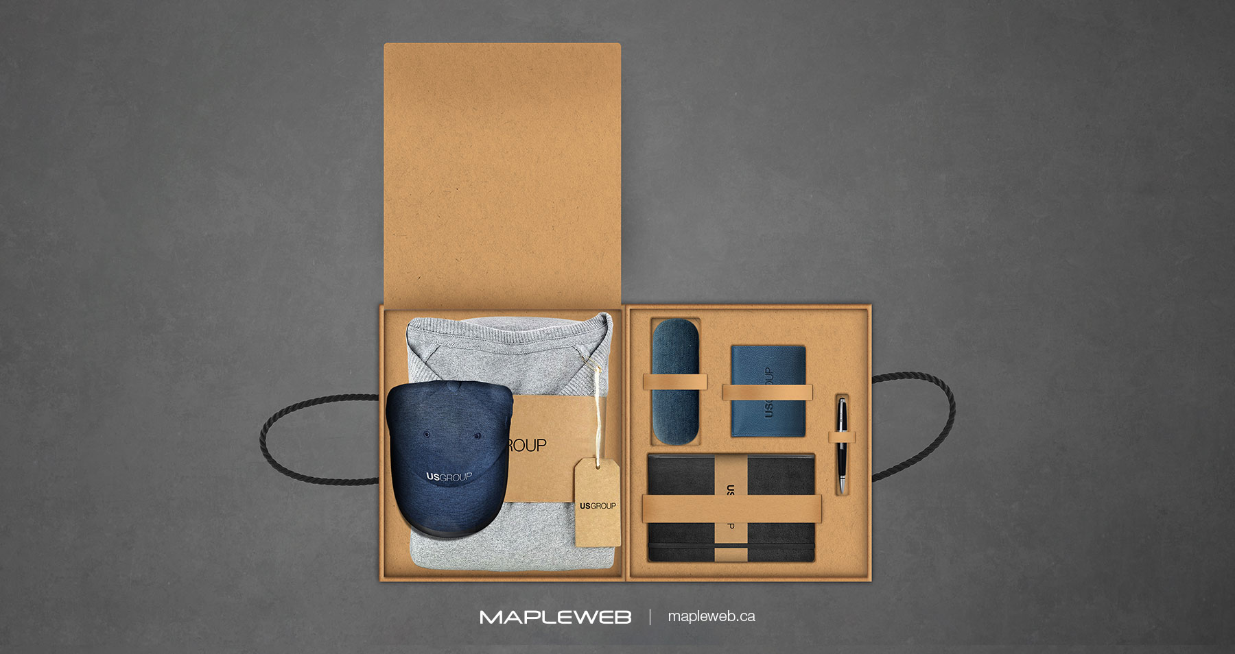 Us Group Open Wooden Box Having Pen Purse Notebook Grey Shirt and Cap Brand design by Mapleweb